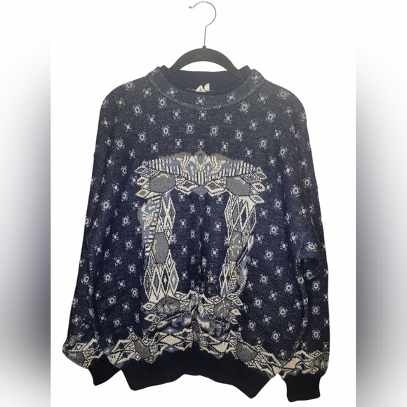 NANI BON of Italy Vintage Navy Blue Abstract Knit Mock Neck Wool Blend sweater L